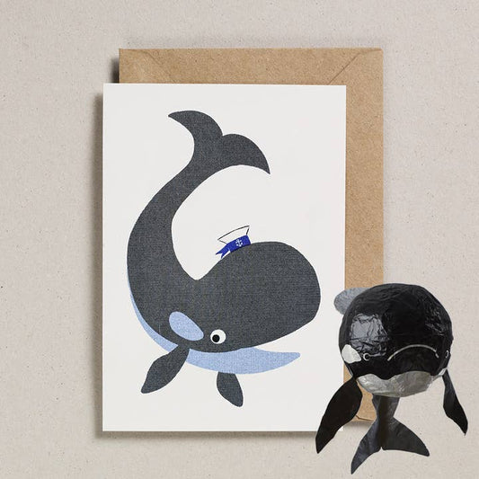 Risograph Greeting Card with Japanese Paper Balloon | Black (Orca) Whale
