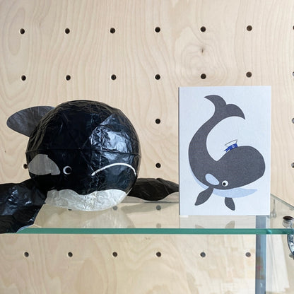 Risograph Greeting Card with Japanese Paper Balloon | Black (Orca) Whale