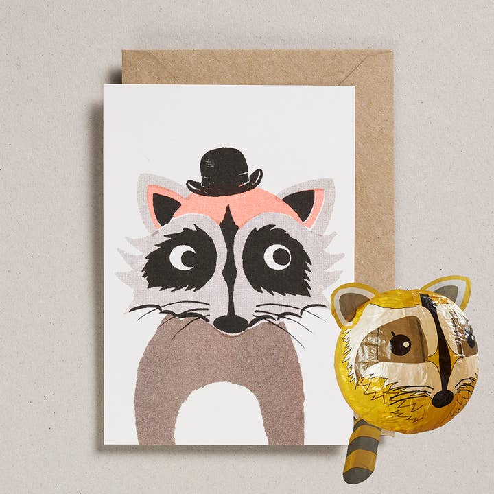Risograph Greeting Card with Japanese Paper Balloon | Raccoon