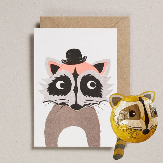 Risograph Greeting Card with Japanese Paper Balloon | Raccoon