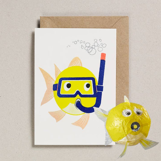Risograph Greeting Card with Japanese Paper Balloon | Yellow Fish
