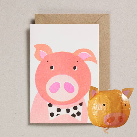 Risograph Greeting Card with Japanese Paper Balloon | Pig