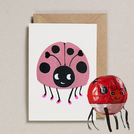 Risograph Greeting Card with Japanese Paper Balloon | Ladybird (Ladybug)